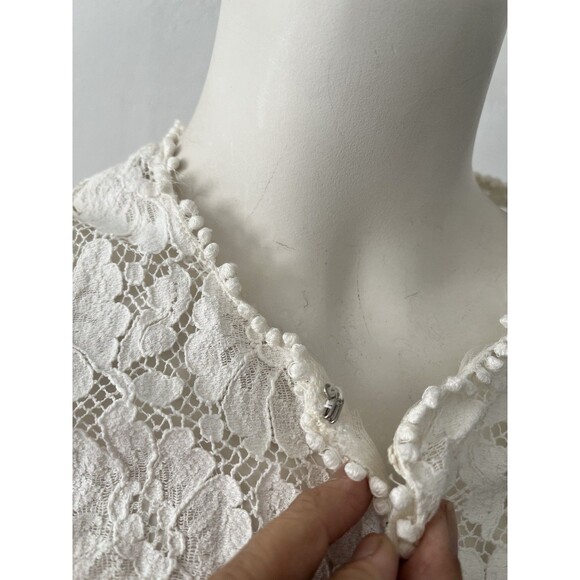 Vintage Crochet Boho Lace Duster Cardigan Size S Open Front Sheer Pom Pom Trim - Picture 8 of 8